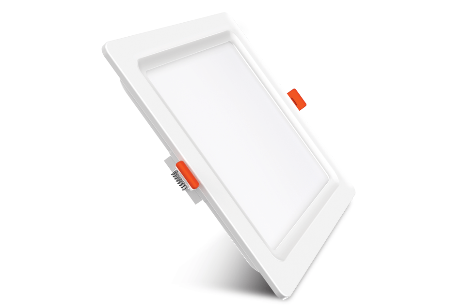 Square shaped Geolite panel light with orange mounting clips from Goldmedal