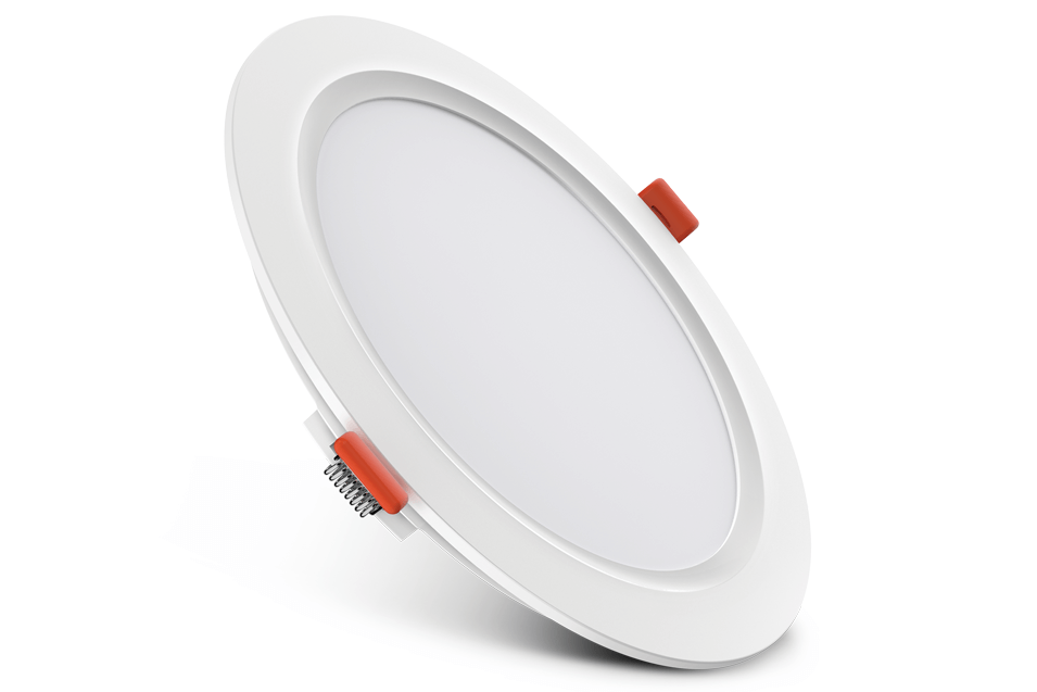 Square shaped Geolite panel light with orange mounting clips from Goldmedal