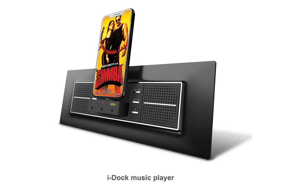 An iphone featuring a film poster docked on a black i-Dock player from Goldmedal.