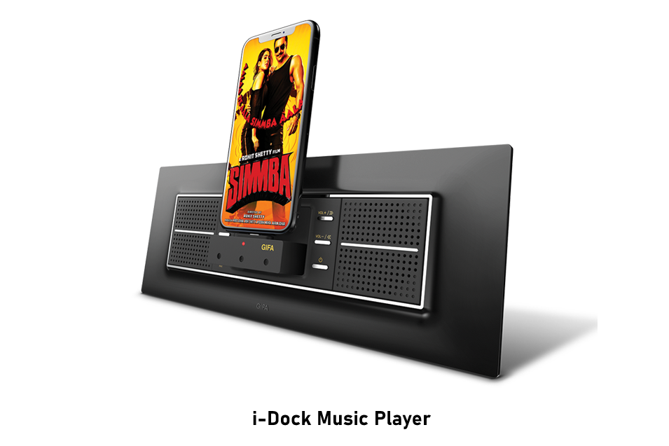 An iphone featuring a film poster docked on a black i-Dock player from Goldmedal.